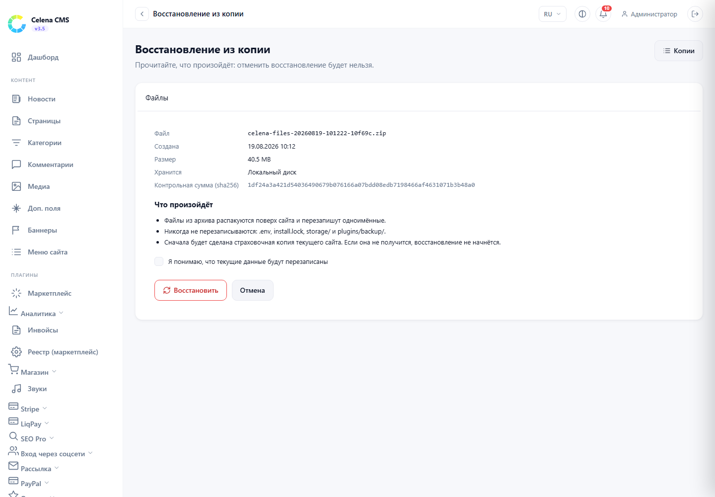 Automation block with the cron URL and console command, plus restore from an uploaded backup file.
