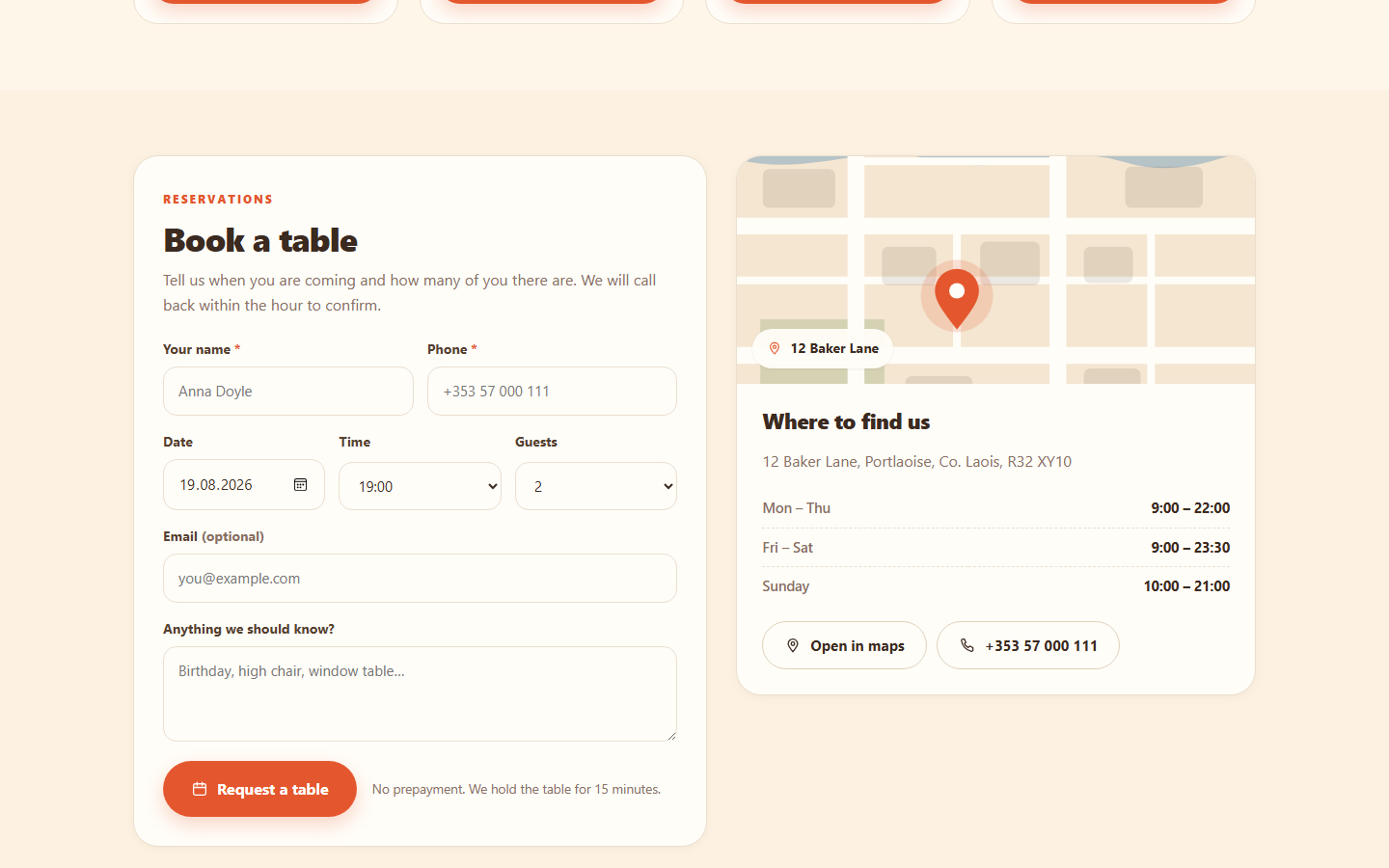 Table booking form and the offline map placeholder