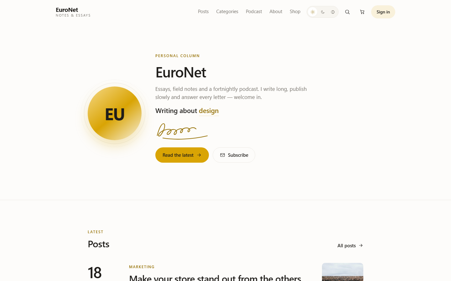 Home: author hero with rotating caption and the post list with big dates