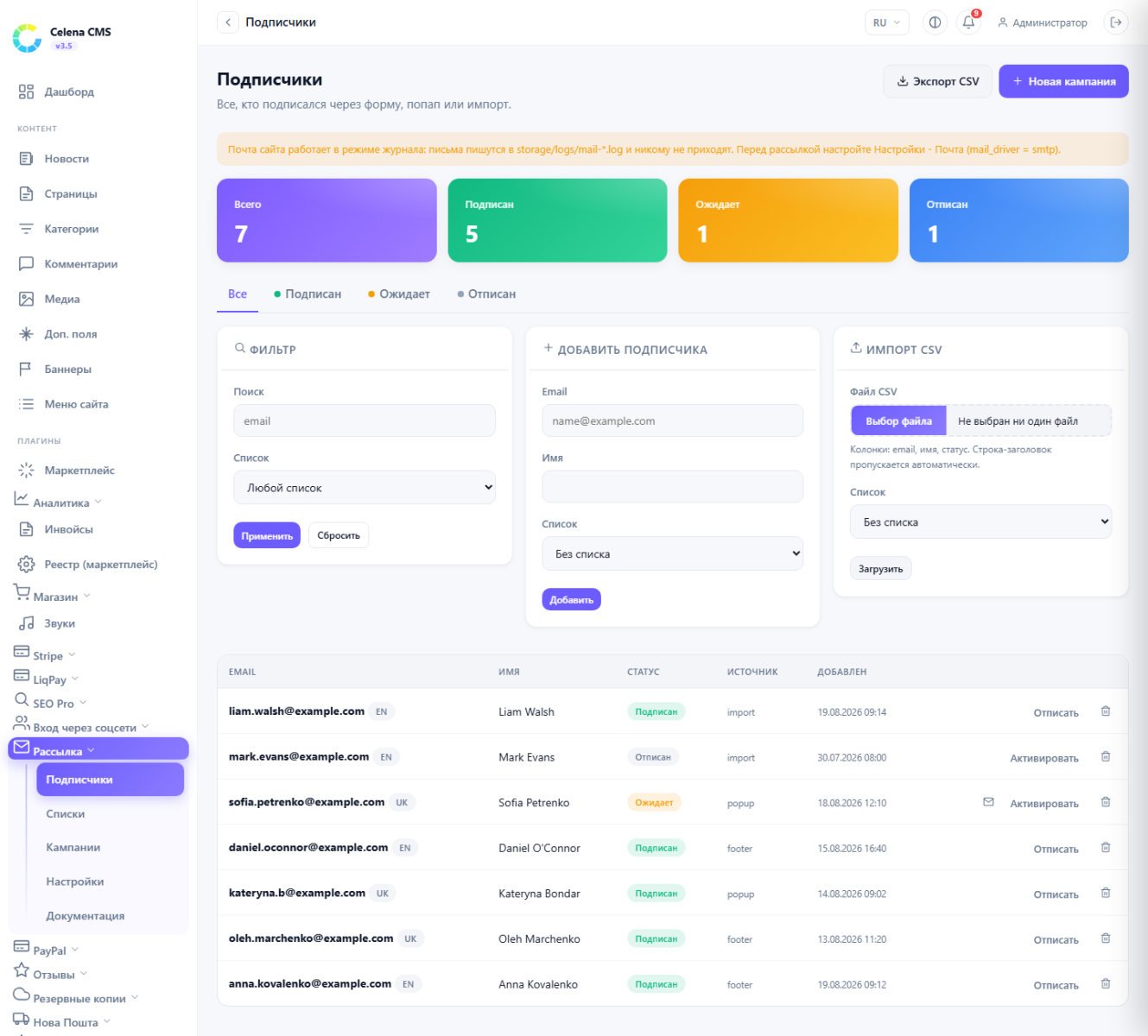 Subscribers screen: status counters, filters, manual add and CSV import in one place