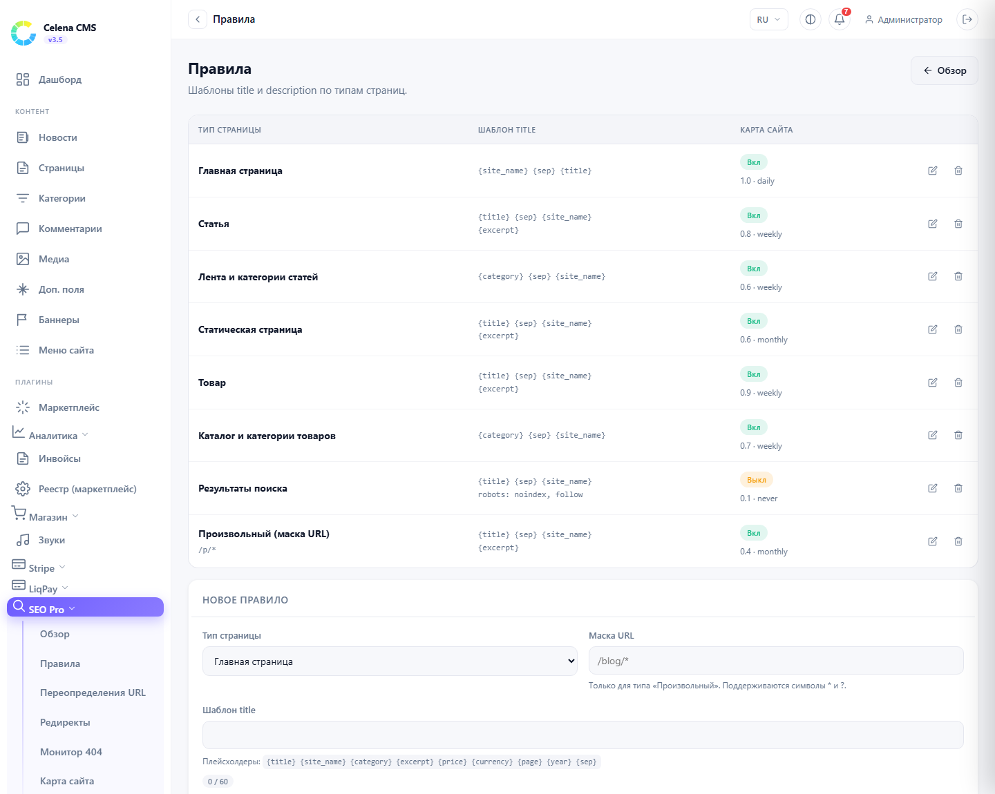 Title and description templates per page type with placeholders, sitemap priority and change frequency.
