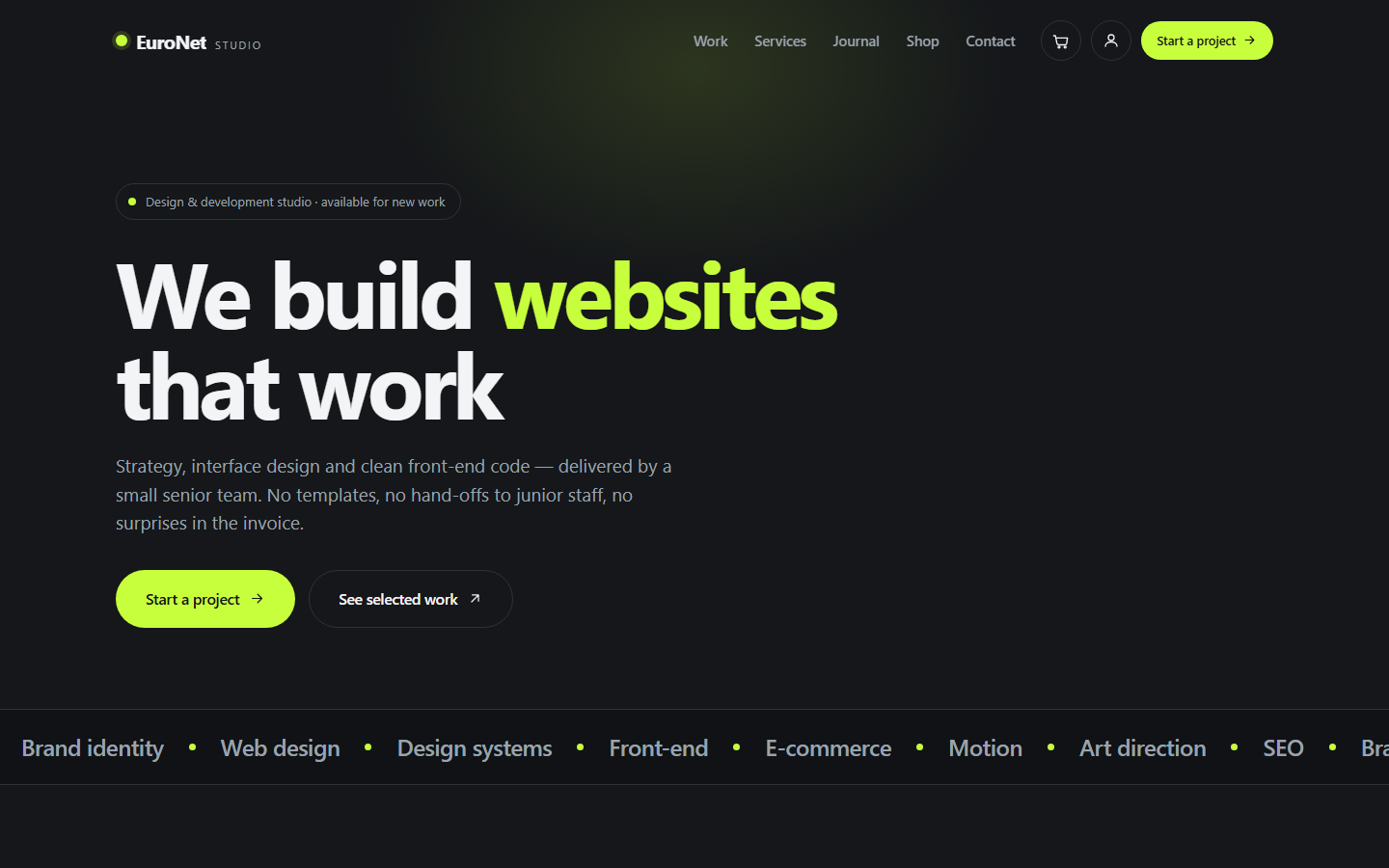 Home: rotating hero headline, services marquee and the work grid