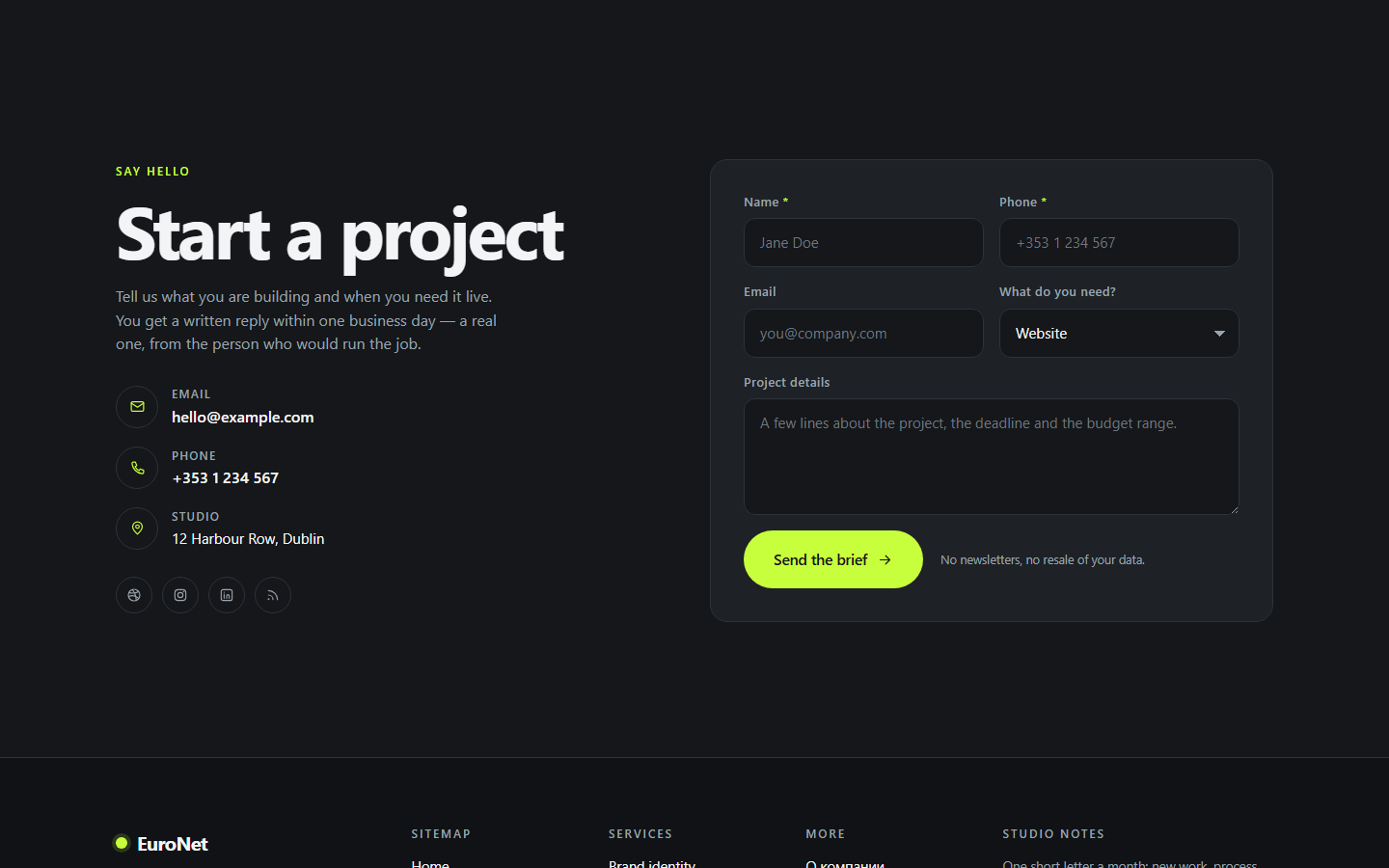 Lead form wired to the Forms & Leads plugin