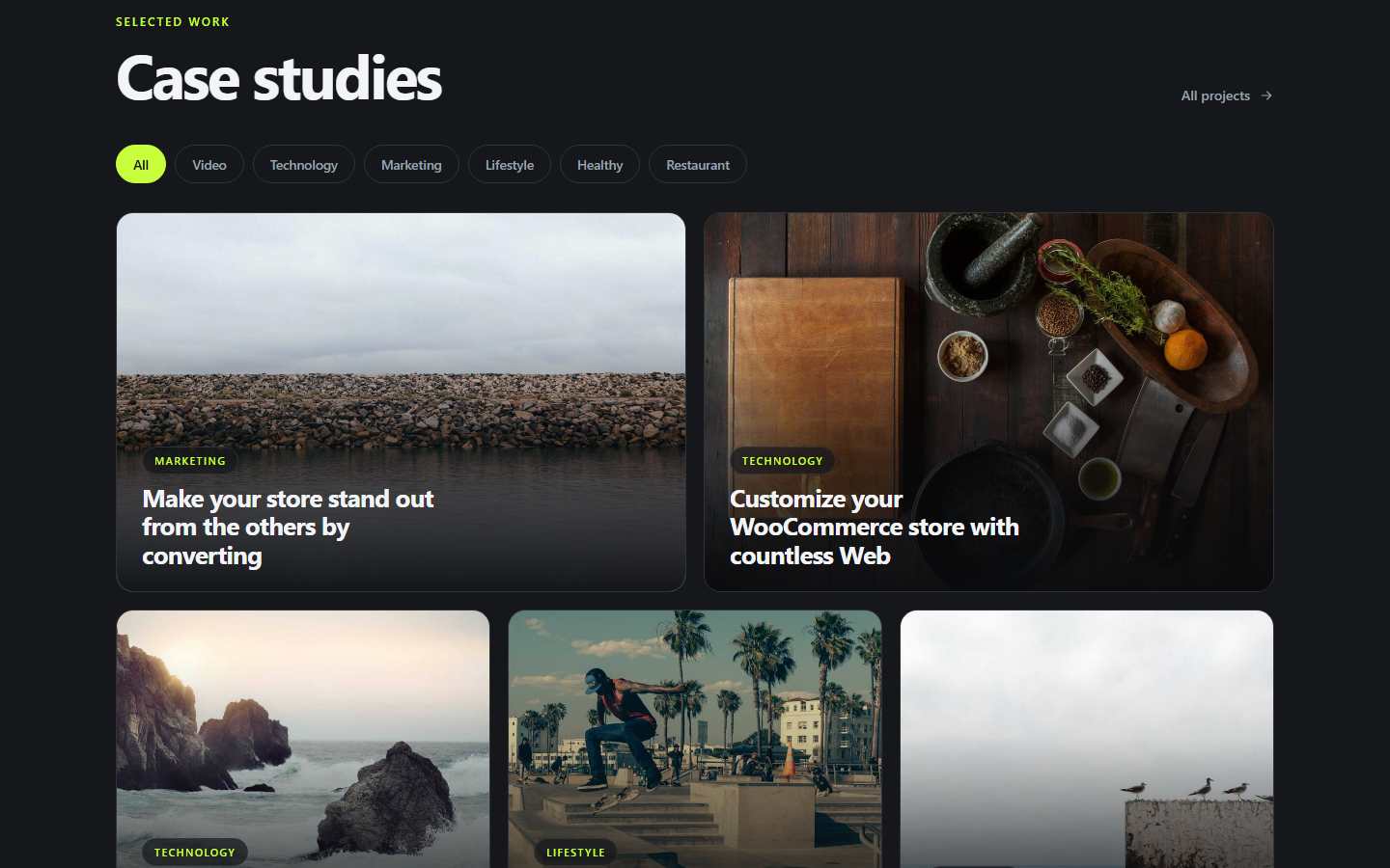Work grid with client-side rubric filters, counters and testimonials
